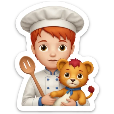 boy kid italian chef, red haired, uniform, holding plush lion sticker