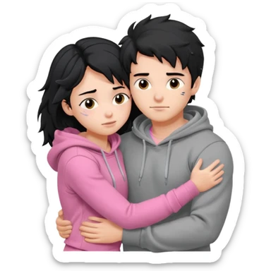 generate a pretty bratz fair skinned boy with messy black hair in a grey hoodie. Hugging his girlfriend who is wearing pink. Make him muscled. Boy in grey hoodie, girl in pink sticker