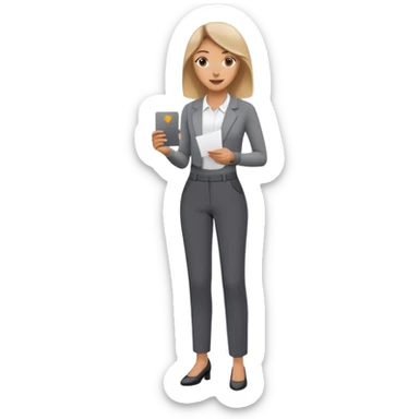 Woman in dark grey trousers holding a card in one hand sticker
