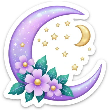 Beautiful poetic ethereal romantic magical aesthetic sparkly glittery shiny pretty floating pastel lilac lavender Violet moon and flowers and leaves aesthetic deco sticker