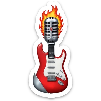 Create a bold and powerful emoji representing rock vocal performance in a humanless collage. The design should feature a vintage microphone at the center, surrounded by a heavy, aggressive hardcore electric guitar with sharp, jagged edges. Include crossed drumsticks behind the guitar, symbolizing the intense rhythm of rock music. Add fiery elements like flames or lightning bolts to enhance the raw energy of the design. Use dark, bold colors like black, red, and silver, with metallic or chrome accents to reflect the rebellious, hard-hitting nature of rock. The background should be transparent. sticker