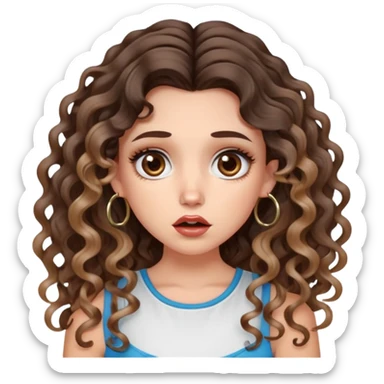 cute girl with not volominous VERY LONG curly/wavy brunette hair with balayage, brown eyes, full lips, cute makeup and hoop earrings white girl. wearing a cute top. SHOCKED FACE sticker