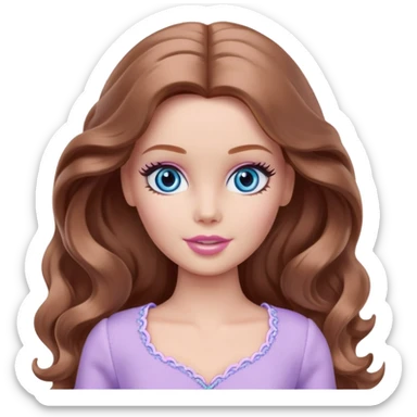Barbie girl Chestnut long wavy hair and blue eyes is In pale purple clothes There are grey hearts above the head sticker