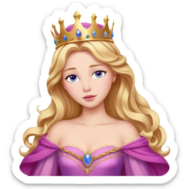 Cinematic Realistic Sleeping Beauty (Aurora) Portrait, with porcelain-like skin featuring a natural rosy flush, illuminated by soft lighting that highlights the gentle contours of her face. Her golden blonde hair flows in soft, detailed waves with subtle highlights that shimmer in the light. Her deep violet-blue eyes radiate warmth and innocence, framed by arched brows and long lashes. Her serene expression exudes quiet elegance. She is dressed in her classic pink gown, the fabric rich in texture with delicate folds that catch the light. A golden crown rests atop her head, gleaming with royal refinement. The portrait captures a soft, glowing aura, blending realism with an ethereal sense of beauty and timeless enchantment. sticker