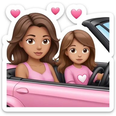 A mom brown long balayage Hair and one daughter Children white and brown hair,  driving in pink convertible with hearts  sticker