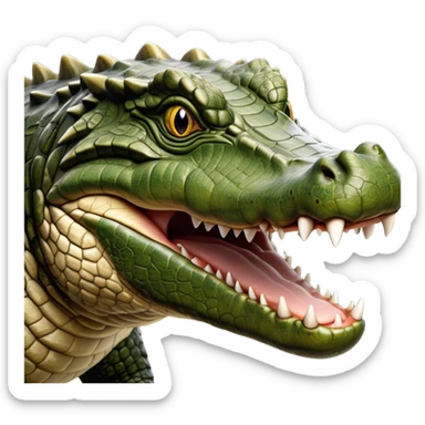 Cinematic Realistic Noble Crocodile Portrait Emoji, Poised and formidable, with a massive, muscular build and a rugged, intricately textured scaly hide in deep olive-green with natural camouflaged patterns, a powerful, fearsome jaw and piercing, ancient eyes rendered in lifelike detail, high shine, intelligent and imposing, styled with an air of primal authority, focused and attentive, soft glowing outline, capturing the essence of a watchful and confident crocodile that appears ready to surge out of the screen with effortless power! sticker