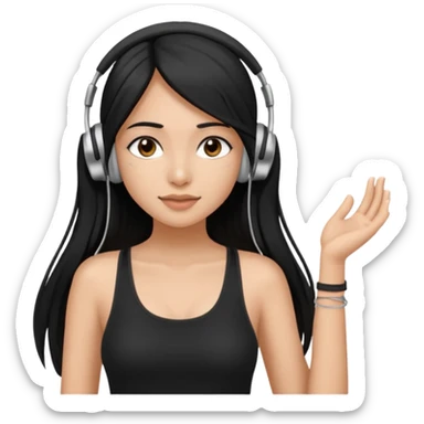 a fair INDIAN girl with straight black long hair, wearing a black cami top. and wearing silver  headphones on sticker
