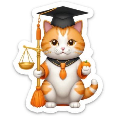 cat wearing a graduation cap, holding scales of justice sticker