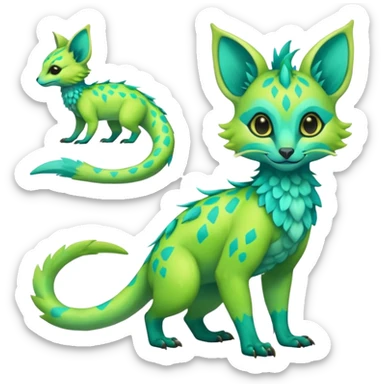 Feral Rare Fantasy vibrant tropical exotic neon-lime green and cyan Vernid-Trico-species-creature by LiLaiRa, random markings, tufted tail, tufted ears, full body sticker