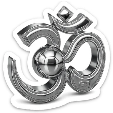 Place a radiant chrome sphere in the center of the Om sign, keep the style intricate and reflective, with no background. sticker
