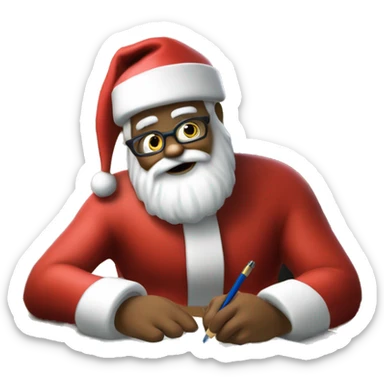 Santa is sitting on a desk, writing something down, solving complicated math puzzles in an exercise book sticker