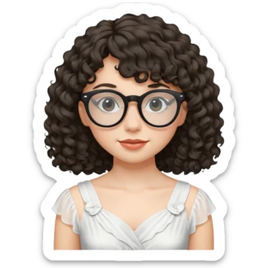 create a frontend girl that has a round face curly hair with a side curtain bangs and wears black rayban glasses doesnt smile with her teeth and white sticker