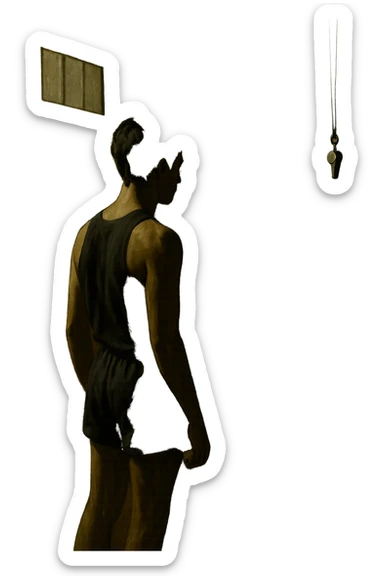 cinematic a person stands alone on a running track or in a fitness studio, glancing toward an empty coach’s chair or whistle hanging on a hook. The absence of the coach is emphasized by a faint, transparent silhouette or shadow where the coach should be. The atmosphere is quiet and a bit disheartened. in italiano sticker