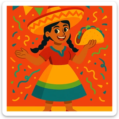Mexican woman wearing a sombrero and holding a taco, vibrant and cheerful, full body, festive atmosphere sticker