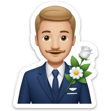 Homme 23 ans léger bouc moustache pas trop épaisse en costume bleu foncé chemise blanche insigne cabin crew portant bouquet fleur blanche souriant  sticker