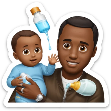Sean “Diddy” Combs with baby oil and a very small infant and he’s pouring the baby oil on the baby and they have a scared face they’re really scared while diddy is happy sticker