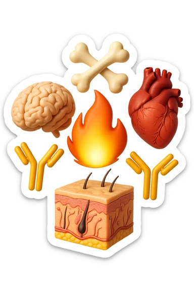 EMOJI STILE IPHONE 3D DI cervello, ossa, cuore, porzione di epidermide e cellule di anticorpi che girano in tondo, al centro di questi elementi c'è una fiamma 3d  FALLO MOLTO REALISTICO IN 3D sticker