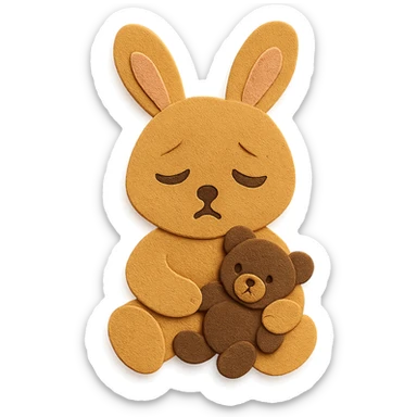 flawless, highly detailed, high quality paper craft style illustration of a caramel-colored bunny holding a teddy bear, eyes drooping, perfect proportions, no imperfections, intricate textures, soft lighting, delicate cut-paper details sticker