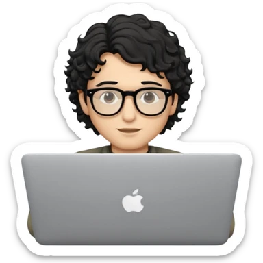 guy with wavy kinda curly black hair and light-to-medium skin tone like latino and glasses, with a macbook sticker