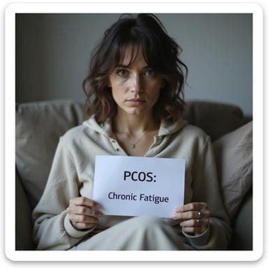 hyperrealistic 4K image of a woman with PCOS, wearing comfortable clothes, messy hair, eyes with dark circles, sitting on a sofa holding a medical report with text 'PCOS' and 'Chronic Fatigue', afternoon clock visible sticker