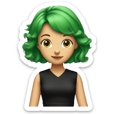 girl in black dress doorway with green hair sticker