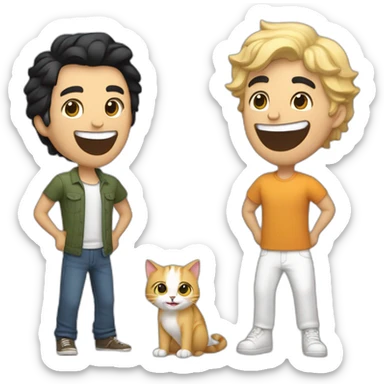 Gay couple, 1 guy Latino black straight hair and 1 Australian white guy with blonde slightly curly hair laughing full body and a cat in the middle sticker