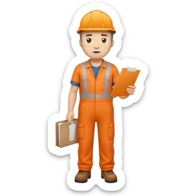 railway engineer full body in orange overalls, carrying one piece of paper with both hands in front of him sticker