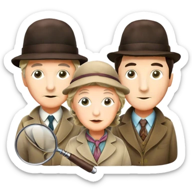 Icon for Detective Movies: A colorful collage with Sherlock Holmes, Miss Marple, and Pinkerton. Include magnifying glasses, clues, and detective tools. The design should evoke mystery and intrigue, with a classic detective movie feel. Transparent background. sticker