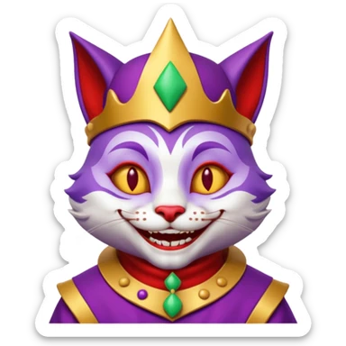 crazy colorful cute little cat jolly joker from poker, medieval, vintage, court jester, mac os icon, purple, gold and red color, half body. Squared shape as 3D mac os icon sticker