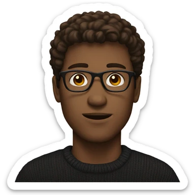 a white man with glasses having a black sweater and brown hair sticker