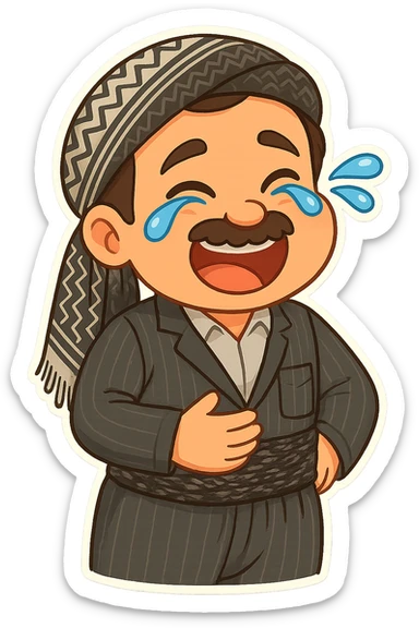 Cartoon sticker of a Kurdish man with the same clothes and scarf as the reference image, no changes to clothes or scarf, face with intense laughter and tears of joy, hand on stomach and slightly bent from laughing, colorful and cheerful, no text, suitable for WhatsApp and Instagram, transparent background. sticker