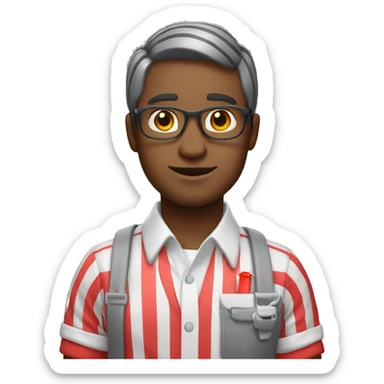 Cashier employee with striped white and grey shirt and red keycord  sticker