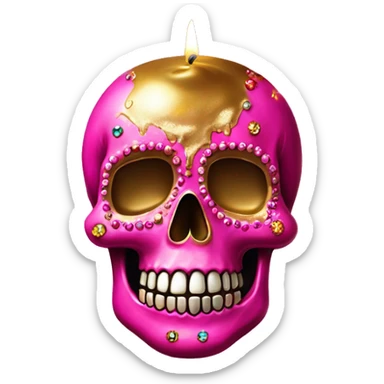 Realistic hot pink sugar skull decorated with colorful rhinestones with metallic gold candle on top of its head dripping meltdown metallic gold wax down skull sticker