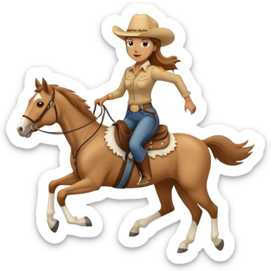 palomino horse running with 4 legs a woman rider with brown hair and a cowboy hat sticker