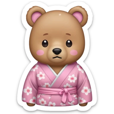 A cute light-brown bear wearing a pastel pink sakura-patterned kimono, normal balanced body ratio.  
Tears pooling under the eyes and softly streaming down cheeks, sad trembling mouth and droopy ears.  
Kawaii emoji style, minimalistic clean sticker illustration, white background. sticker