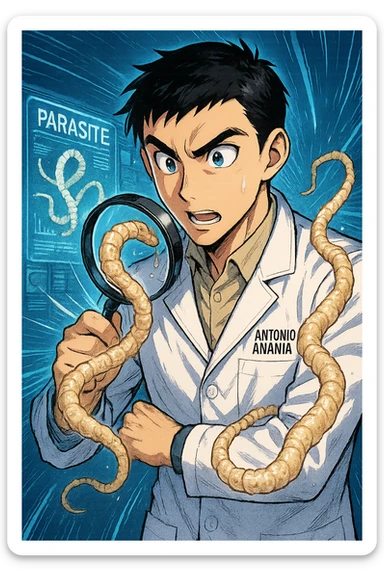 A dynamic manga/webtoon-style illustration of a young male kinesiologist wearing a clean white lab coat, analyzing light beige worms like a tapeworm under a magnifying glass. His expression is focused and slightly intrigued, with sharp, detailed eyes. The art style is vibrant, with bold linework, rich colors, and dramatic lighting. The background is a futuristic laboratory with glowing holographic screens displaying parasite data. The tapeworm is intricately drawn, slimy and segmented, with a slightly exaggerated yet realistic texture. The composition is dynamic, with motion lines or energy effects to emphasize his scientific investigation. The atmosphere is intense but not dark, keeping a balance between scientific seriousness and stylish manga aesthetics, he has "ANTONIO ANANIA" WRITTEN ON WHITE LAB COAT sticker