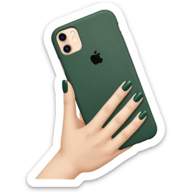 female hand with nude manicure holding an iPhone in a dark green case, clean background sticker