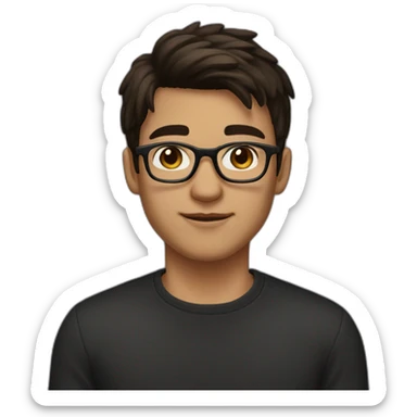 A young man with dark brown hair half-long on top and shorter on the sides with a bang. He has square glasses. He has a black sweater. He also has dark brown eyes sticker