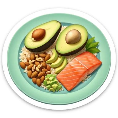 plato con comida variada granos aguacate salmon nueces arroz sticker