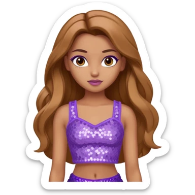 Yasmin from Bratz with long light brown hair, tan skin, brown eyes, lilac sequin crop top sticker