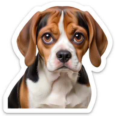 Cinematic Meme-Worthy Grumpy Beagle Portrait Emoji, Head held high but eyes filled with dramatic disappointment, showcasing a smooth tri-color coat of white, brown, and black, deeply furrowed brow forming an unmistakable scowl, floppy ears slightly angled back in disapproval, piercing hazel eyes glaring with pure exasperation, Simplified yet hilariously over-exaggerated features, highly detailed, glowing with an aura of supreme annoyance, high shine, exhausted yet judgmental, stylized with an almost regal pettiness, bright but brooding, soft glowing outline, capturing the essence of a companion that has seen it all and is thoroughly unimpressed, so meme-worthy it feels like it could instantly become the next viral sensation of grumpiness! sticker