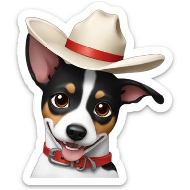 rat terrier wearing a cowboy hat and red collar smiling no brown (black and white) thumbs up sticker