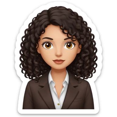 medium deep tan brown business woman with long black curly hair, light rosy cheeks, smoky eyes, dark brown eyes, wearing a dark brown blazer, white shirt sticker