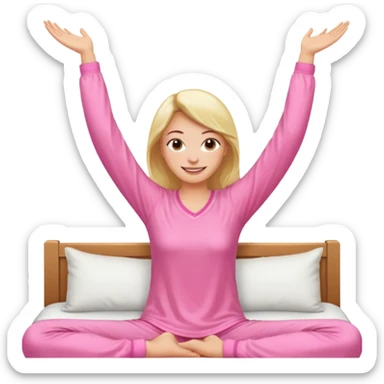 {
      "type": "human",
      "look": "pink pyjama lady, long sleeves, stretching arms",
      "description": "a woman in pink pyjamas stretching her arms after waking up"
    } sticker