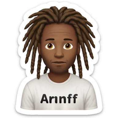black guy wearing a white shirt saying ARNF in black text in the middle chest while having dreads sticker