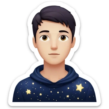 Each particle his universe. He reaches out with hand', touching one, knowing that everything he does stays in this space forever. universe around him. A young man in a vast, dark starry universe, surrounded by floating particles of light space.  sticker
