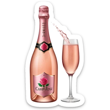 bottle of sparkling rose champagne tilted up and to the right, with a rose logo, no glass sticker