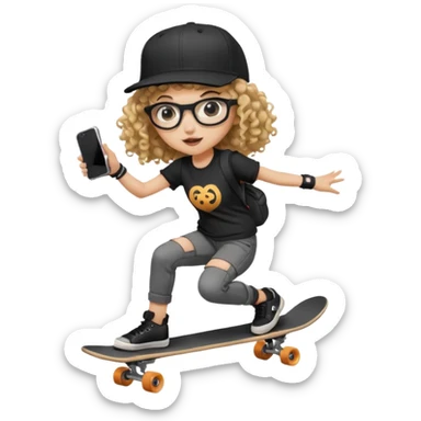 ["An excited girl with light skin, curly hair, wearing a baseball cap and square glasses, dressed in goth fashion, is skateboarding while holding a camera."] sticker
