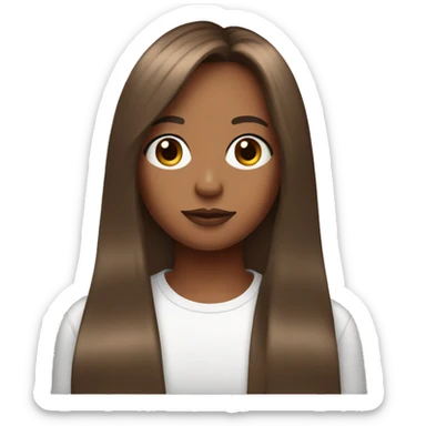 Girl with long brown hair and curtain bangs, clear skin, pink t-shrt sticker