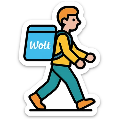 guy walking with a Wolt delivery backpack, simple and clear style sticker